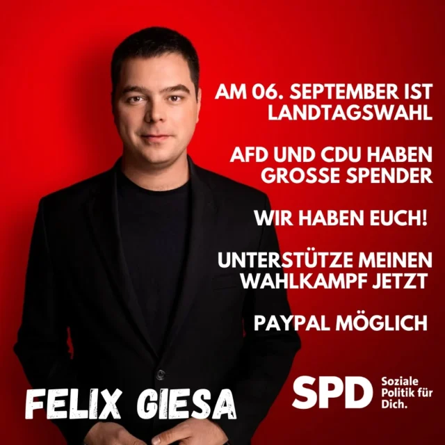 Die CDU und die #keinealternativefürdeutschland haben Spenden aus dem Großkapital. Wir haben euch!
Unterstütze meinen Landtagswahlkampf jetzt ganz einfach über Paypal.
spd-koethen.de/spenden/