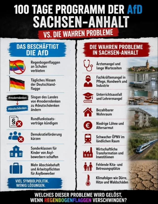 Welches echte Problem in Sachsen-Anhalt wird gelöst, wenn Regenbogenflaggen verschwinden? Richtig: Absolut gar keins! ❌📊

​Das sogenannte „100-Tage-Programm“ der AfD Sachsen-Anhalt zeigt schwarz auf weiß, worum es dieser Truppe wirklich geht: reine Symbolpolitik, billige Kulturkämpfe und bewusste Spaltung.

Während die Menschen bei uns im Land reale, existenzielle Sorgen haben, arbeitet sich dieser Verein an Flaggen, Slogans und Feindbildern ab. Davon wird keine einzige Schule saniert, kein zusätzlicher Arzt im ländlichen Raum eingestellt und die Löhne steigen dadurch erst recht nicht! 🤡🛑

​Die wahren Probleme bei uns im Land sehen nämlich völlig anders aus:
​🏥 Gesundheit & Pflege: Akuter Ärztemangel, lange Wartezeiten und Fachkräftemangel in den Kliniken.

​🏫 Bildung & Betreuung: Massiver Unterrichtsausfall, Lehrermangel und fehlende Kita-Plätze.

​💼 Arbeit & Wohnen: Niedrige Löhne, drohende Altersarmut und der Mangel an bezahlbarem Wohnraum.

​🚌 Infrastruktur & Klima: Ein schwacher ÖPNV auf dem Land und die spürbaren Klimafolgen für unsere Wälder und Felder.

​Wer im Netz vorgibt, der „Anwalt der kleinen Leute“ zu sein, aber als echtes Programm nur heiße Luft, Bürokratie für Fahnenmasten und Ausgrenzung im Angebot hat, betreibt pure Augenwischerei auf dem Rücken der Bevölkerung.
​Sachsen-Anhalt hat Besseres verdient als rechtsextreme Ablenkungsmanöver. Wir brauchen echte, handfeste soziale Lösungen für den Alltag der Familien – und keine Geisterdebatten! ✊🌹

#afd #heimat #Wahrheit #SachsenAnhalt