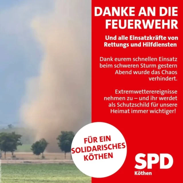 Was für ein stürmischer Abend liegt hinter uns! 🌪️🌧️

​Gestern fegte das Unwetter mit der extremen Warnstufe 4 über das Land. Umgestürzte Bäume blockierten Straßen, Keller liefen voll und das Potenzial für ein riesiges Chaos war groß. Dass die Schäden so schnell behoben wurden, verdanken wir dem großartigen Einsatz unserer Rettungskräfte!

​Fakt ist: Solche Extremwetterereignisse nehmen spürbar zu – der Klimawandel lässt grüßen. Genau deshalb werden unsere Feuerwehren und Hilfsdienste in Zukunft noch viel wichtiger für uns alle, um uns zu schützen und Schlimmeres zu verhindern.
​Ein ganz besonderer Dank geht an die Kameradinnen und Kameraden der Freiwilligen Feuerwehren, den Rettungsdienst und alle Einsatzkräfte, die gestern Abend sofort im Dauereinsatz waren. Ihr habt ehrenamtlich geschuftet, um unsere Straßen freizuräumen. Ohne dieses unbezahlbare Ehrenamt würde bei uns im Land nichts laufen. Ihr seid die wahren Helden des Alltags! ✊❤️

​💬 Habt ihr den Sturm gestern Abend gut überstanden? Schreibt es mir direkt in die Kommentare! 👇

​Solidarische Grüße
Felix Giesa

​#Sturm #Einsatzkräfte #Feuerwehr #Ehrenamt #spd